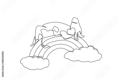 Continuous line drawing of happy dairy cow snoozing belly sleeping supine up on a rainbow with clouds. Nature concept domestic mammal animal farm theme for National Milk Day and organic milk label