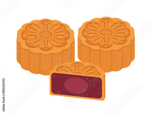 Illustrated against a white background, two whole golden-brown mooncakes with floral reliefs sit behind a sliced wedge that reveals a dark bean paste filling and a salted egg yolk core