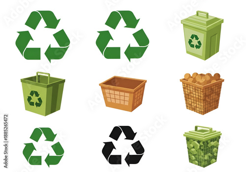 Green Recycling Symbols and Waste Bins for Eco-Friendly Practices