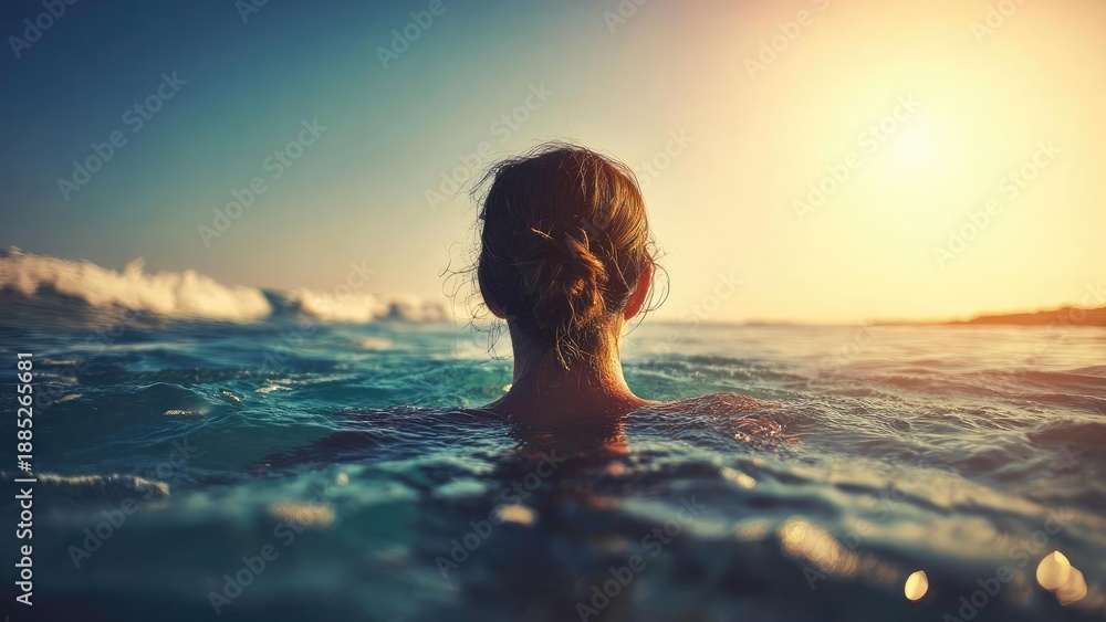 Obraz premium Back view of a person swimming in the ocean at sunset, with golden sunlight reflecting on the water. Concept Sunset ocean swim, back-view swimmer, golden reflections, seascape photography