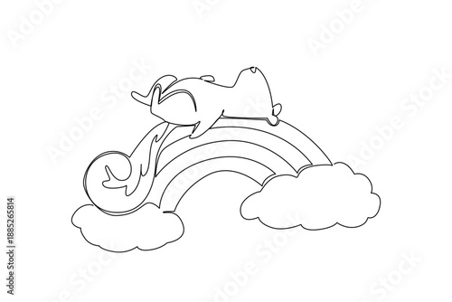 Single line drawing of a adorable bushy tailed squirrel sleeping supine on rainbow. Nature concept illustration depicts a woodland theme for fall season. Cute design for rodent pet club logo