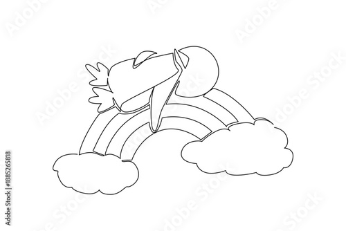 Continuous line drawing of a cute charming penguin sleeping supine on a rainbow. Nature concept design captures an antarctic theme for World Penguin Day. Minimalist art for winter animal card