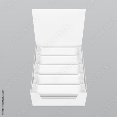 Show box blank mockup with set flow packaging for food. Vector illustration on grey background. Ready for your design. EPS10.	