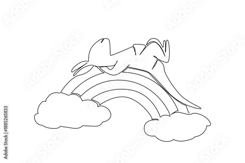 One line drawing of cute jumping kangaroo sleeping supine on a rainbow. Nature concept art highlights an outback theme for Australia Animal Day. Creative illustration for zoo sticker merchandise