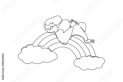 Single line drawing of cute shaggy bornean orangutan sleeping supine on rainbow. Nature concept rainforest theme for International Orangutan Day. Cute design for threatened species campaign