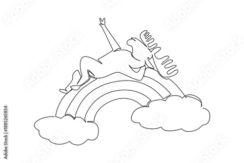 One line drawing of majestic bull moose with wide antler sleeping supine on a rainbow. Nature concept art woodland theme for Canada Day. Creative illustration for kids camping gear logo