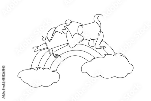 Single line draw of strong cape buffalo sleeping supine on rainbow. Nature concept illustration savanna theme for African safari promotions. Minimalist graphic for wildlife conservation park poster.