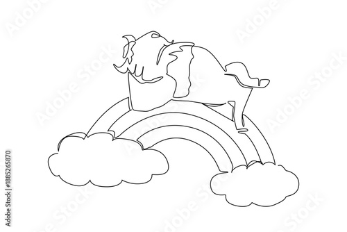 Continuous line drawing of sturdy American bison sleeping supine on a rainbow. Nature concept design captures a plains theme for National Bison Day. Minimalist art for conservation park souvenir
