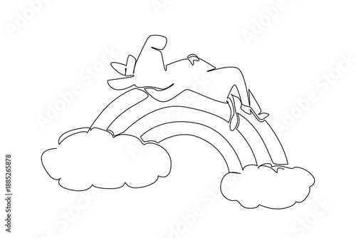 Continuous line drawing of cute burro baby donkey sleeping supine on a rainbow. Nature concept design features a farm and rural animal theme for rural life. Minimalist art for petting zoo flyer