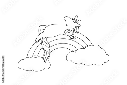 Continuous line draw of cute majestic magical mythical unicorn sleeping supine on a rainbow. Fantasy concept design captures a magic theme for princess parties. Minimalist art for kids birthday card