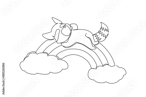 One line drawing of mischievous trash panda raccoon sleeping supine on a rainbow. Nature concept art nocturnal theme for woodland creatures. Creative illustration for camping ground area blog