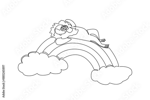 Single line drawing of cute unique mandrill sleeping supine on a rainbow. Nature concept illustration shows a rainforest theme for primate conservation. Minimalist graphic for zoo education
