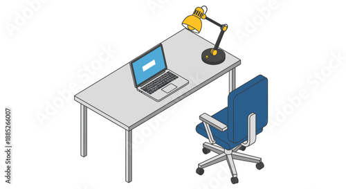 Modern office desk with laptop and lamp.