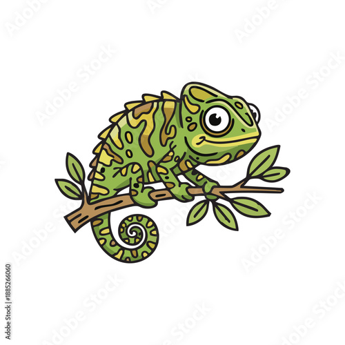 Cartoon green chameleon on tree branch