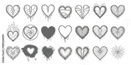 A collection of stylized heart illustrations reflecting different aspects of heartbreak and pain