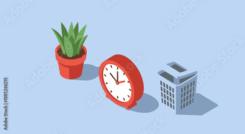 Red alarm clock with plant and calculator on light blue background.
