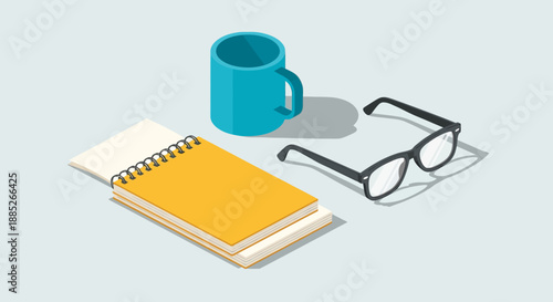 Office supplies coffee glasses on desk.