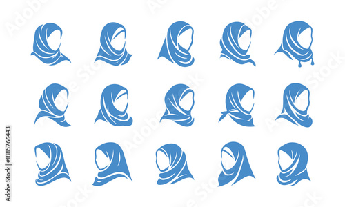 A collection of elegant blue hijab illustrations, symbolizing faith, modesty, and cultural identity. Each design showcases the traditional head covering in a variety of styles.