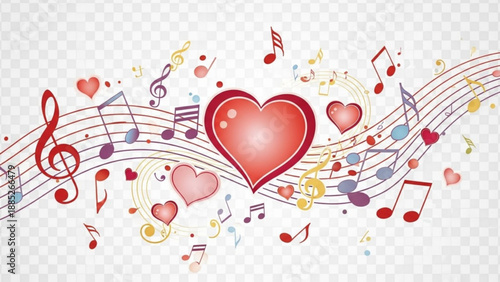 Colorful heart and music notes illustration on transparent background for valentine's day or love themed designs and romantic music concepts