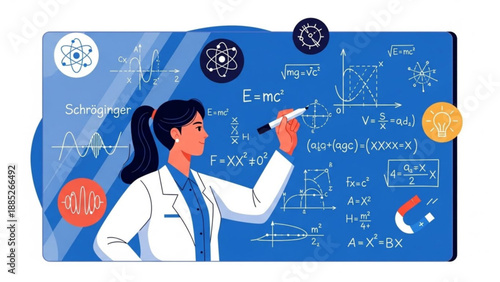 Female scientist writing on a blue chalkboard filled with complex mathematical equations and diagrams in a lab coat