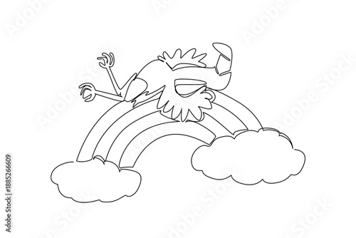 Continuous line drawing of a charming adorable flamingo animal sleeping supine on a rainbow with clouds. Nature concept, World Migratory Bird Day theme, cute nursery art illustration for kids