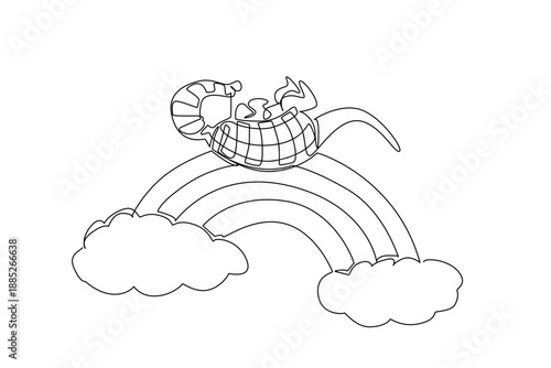 Continuous line drawing of cute strong armadillo animal sleeping supine on rainbow with clouds. Nature concept, World Mammal Day theme, adorable nursery illustration for kids sleep wear and school bag