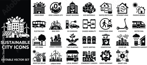 Sustainable city icons set featuring zero carbon city smart buildings shared mobility and urban wind turbine pictograms for eco friendly metropolitan planning and green infrastructure