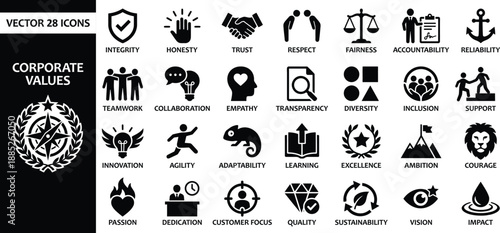 Corporate values icons set featuring professional excellence organizational ethics employee engagement and workplace integrity pictograms for company culture and leadership development
