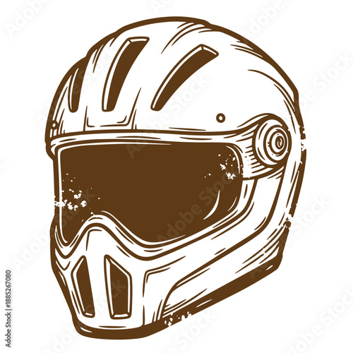 Drawing Vintage grunge  texture Brown motorcycle helmet with dark visor isolated on white background