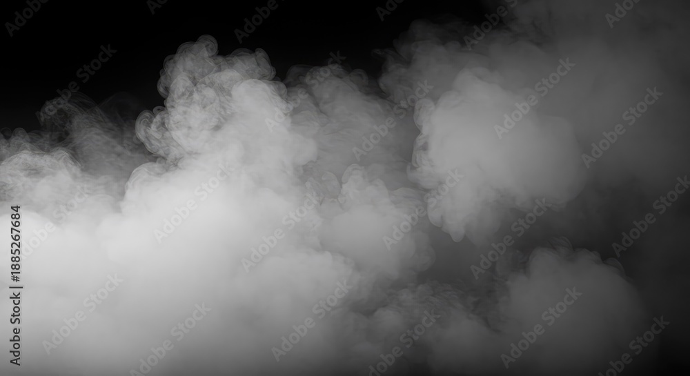 Fototapeta premium Dense and mysterious white atmospheric mist hangs heavily over a dark background creating a perfect soft texture and moody ambience ,density ,hazy ,empty