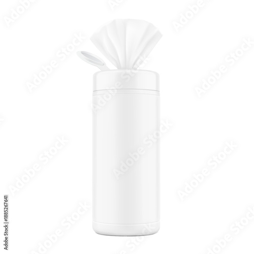 Wet wipes open canister mockups with set icons. Vector illustration isolated on white background. Easy to customise for your product, promo or ad. EPS10.