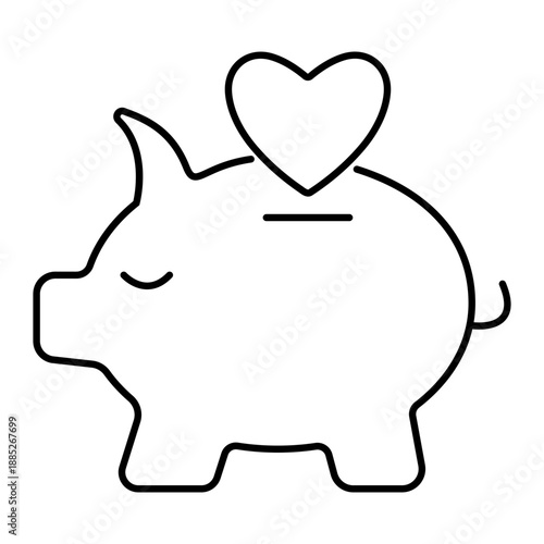 Piggy bank heart on top. Idea of charity fees and assistance. Vector Linear style icon for charitable foundations