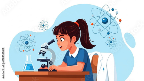 Young girl in lab coat using microscope with beaker and atomic structures in background for science education