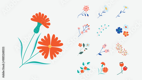 Spring flowers and blooming plants icons set