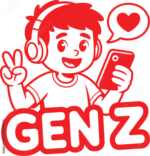 Gen Z vector illustration with headphones, smartphone, peace sign, heart bubble, and bold red-white cartoon style.