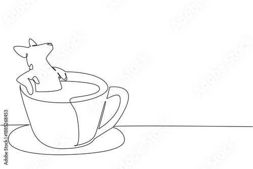 One line drawing of playful hyena shows cute animal soaking in coffee cup for nature concept. Unique design features the savanna creature for an international cafe day theme in minimalist