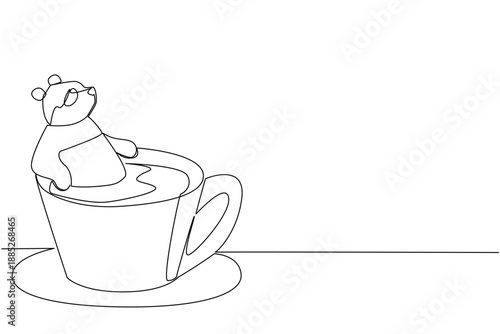 Single line drawing of adored panda for nature concept shows cute China animal soaking in coffee cup. Simple sketch fits an international coffee day theme with the favorite bear from East Asia