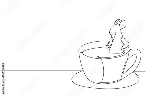 Single line drawing of a playful cute goat soaking in a coffee cup, beverage concept for World Coffee Day theme. Black and white outline line art for kids coloring page, copy space