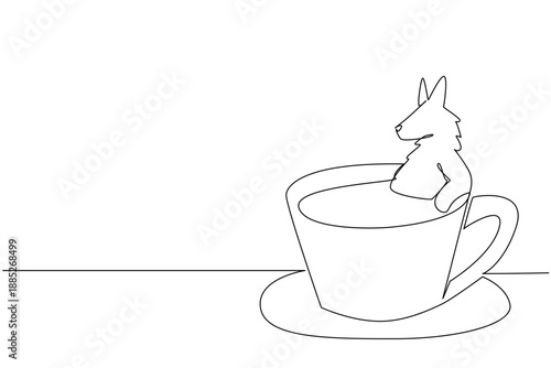 Continuous line drawing of playful wolf shows cute animal soaking in coffee cup for nature concept. Unique design features the wild canine for an international cafe day theme in minimalist
