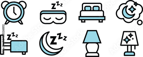 Alarm, bed, dream, lamp, night lamp Icon Set Vector Sleeping Symbols for Web and UI UX