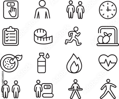 Black line icons for healthy lifestyle and fitness concepts