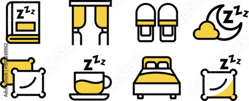 Beds, pillows, blankets, eye mask Icon Set Vector Sleeping Symbols for Web and UI UX