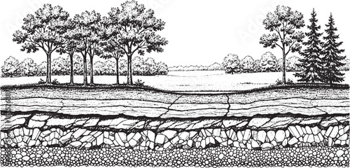 Cross section of the earth showing layers of soil and rock with trees and water in the background.