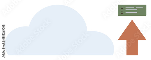 Cloud computing, data storage, file sharing, information transfer, digital access, technology communication. A cloud, arrow pointing upward and a file symbol. Cloud computing and data storage