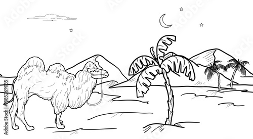 Desert sand dunes, camel and palm trees, black and white sketch. Vector illustration. Crescent moon on colorful night sky and light clouds, seamless border isolated on white background.