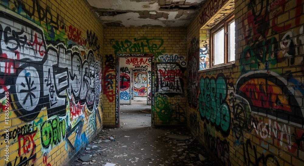 Fototapeta premium Abandoned hallway covered in colorful graffiti with peeling walls and debris on the floor abandoned building