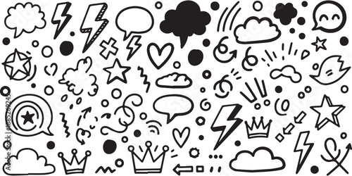 Hand Drawn Doodle Elements Set with Speech Bubbles and Stars.