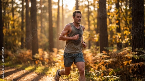 Runner Training in Forest, Autumn Sunlight