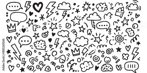Hand drawn doodle elements set with speech bubbles stars hearts and clouds.