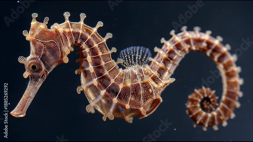 Close-up Cinematic Shot of a Seahorse Swimming Slowly in Dark Water, Underwater Wildlife